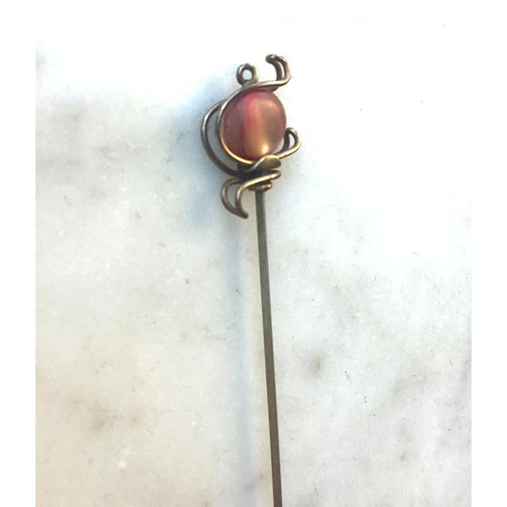 Antique Hat Pin Iridescent Pink Bead Gold Tone Stick Pin Twisted 7